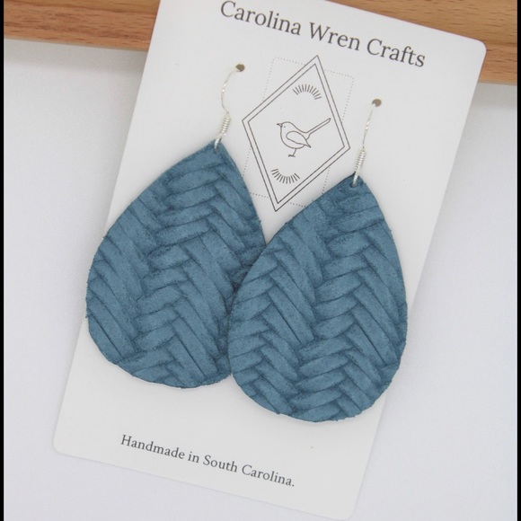 Handmade Jewelry - Lightweight Genuine Leather Denim Blue Fishtail Braided Teardrop Earrings